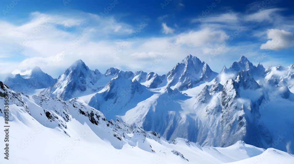 Panoramic view of snowy mountains and blue sky. Caucasus Mountains, Georgia, region Gudauri.