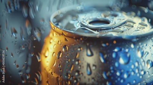 Close up of a soda can in the rain, suitable for beverage or weather concepts