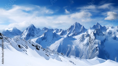 Panoramic view of snowy mountains and blue sky. Caucasus Mountains, Georgia, region Gudauri.