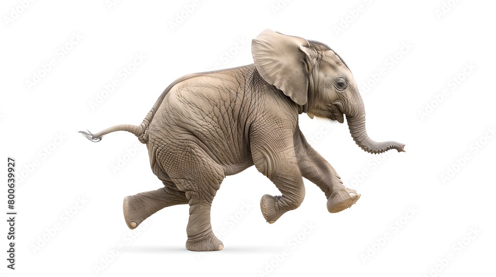 Obraz premium Playful Baby Elephant Frolicking Solo, Perfect for Children's Books and Educational Material. Isolated on White Background. AI