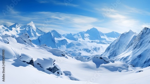 Beautiful winter landscape. Panorama of the snowy mountains and blue sky