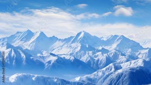 Panorama of snowy mountains in winter. Caucasus Mountains. Russia. © I