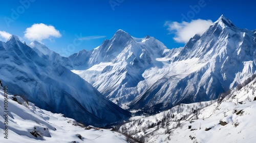 Panoramic view of the Caucasus mountains in winter, Georgia.