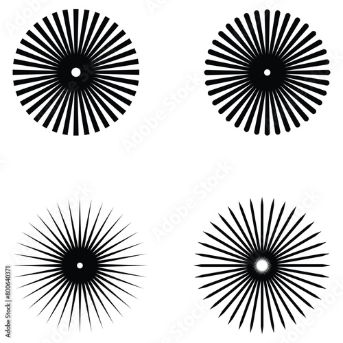 Radial sun burst. Black-white round sunburst icons. Starburst circles. Abstract stripes with center. Sunburst elements isolated on white background. Vector illustration. Eps file 218.