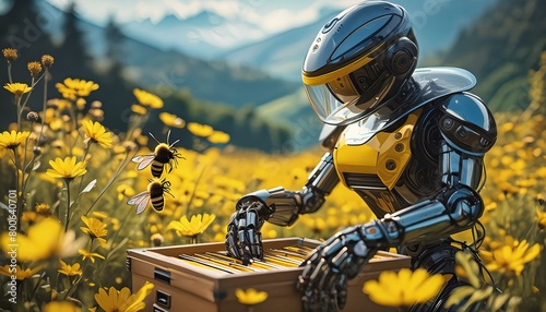 A robotic beekeeper, designed from discarded household items, tending to a hive in a blooming