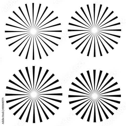 Sunburst icon in liner style. Burst symbol vector collection. Radial sun burst. Black-white round sunburst icons. Starburst circles. Vector illustration. Eps file 230.