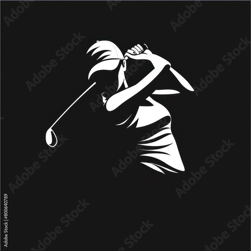 design illustrated symbol of a golf woman in flat white on a black background
