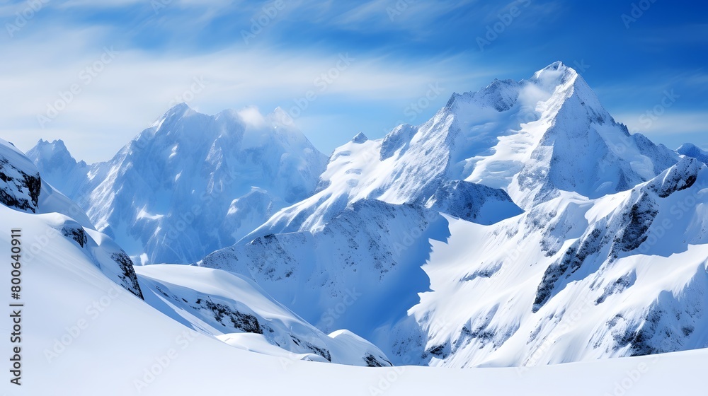 Winter mountains panorama with snow covered alpine peaks and blue sky