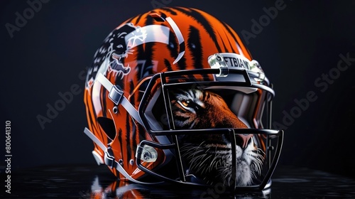 Against a backdrop of darkness, an American football helmet adorned with the striking image of a tiger commands attention