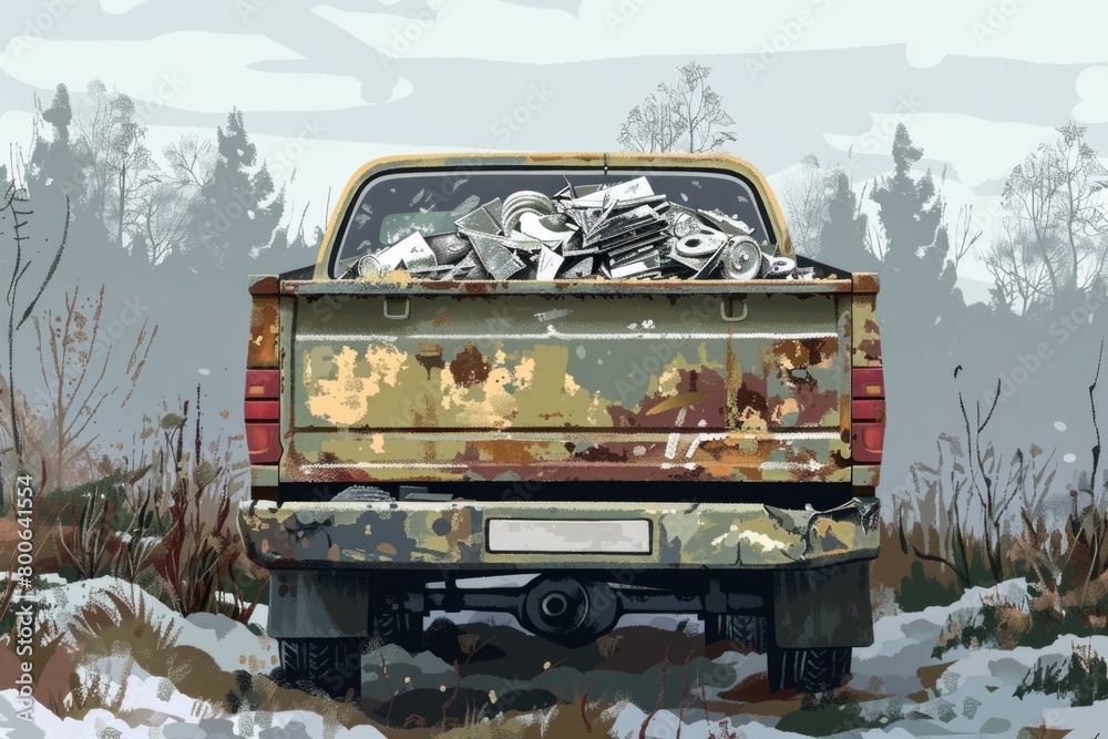 A beautiful painting of a pick-up truck in the snow. Perfect for winter-themed designs