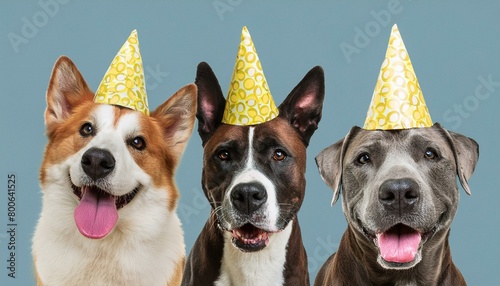 Three smiling dogs wearing a yellow hat in a birthday party  isolated on blue background. Party dog banner