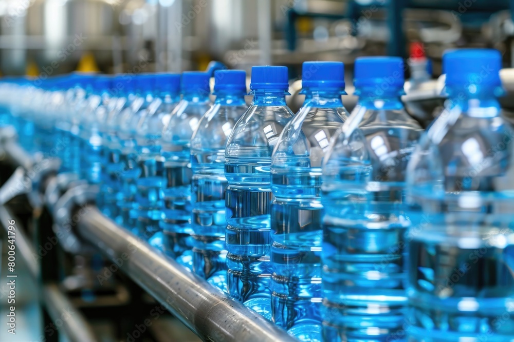 Bottled water bottles moving on a conveyor belt. Suitable for industrial and manufacturing concepts Bottled water bottles moving on a conveyor belt. Suitable for industrial and manufacturing concepts