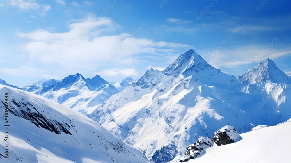 Panoramic view of the snowy mountains with blue sky and clouds