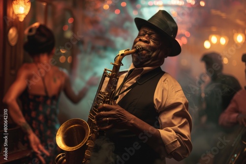 A skilled musician plays saxophone in a vibrant jazz club filled with bokeh light effects and a hint of smoke adding atmosphere