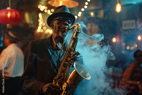 A jazz musician passionately plays the saxophone surrounded by moody lighting and club atmosphere
