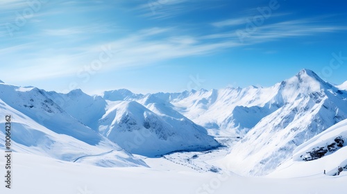 Panoramic view of winter mountains and blue sky with clouds. © I