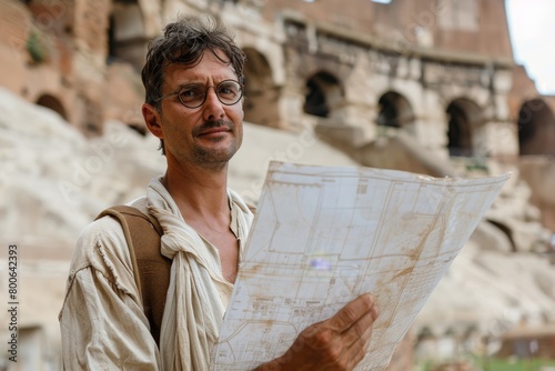 A traveler with casual historical attire examines a map among the ruins of an ancient Roman structure, conveying a sense of wanderlust