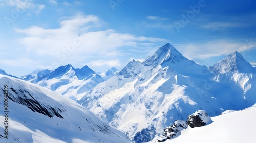 Panoramic view of the snowy mountains with blue sky and clouds