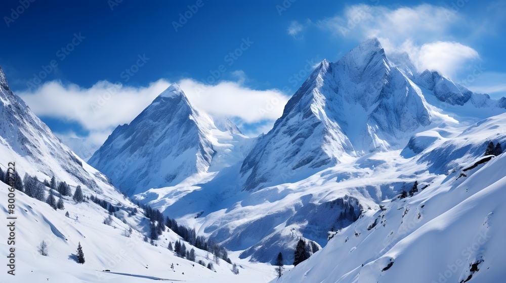 Panoramic view of the snowy mountains of the Swiss Alps.