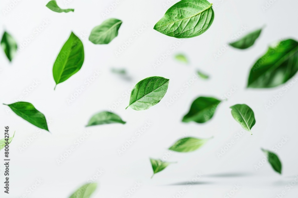 A vibrant image of green leaves floating in the air. Perfect for nature and environmental themes