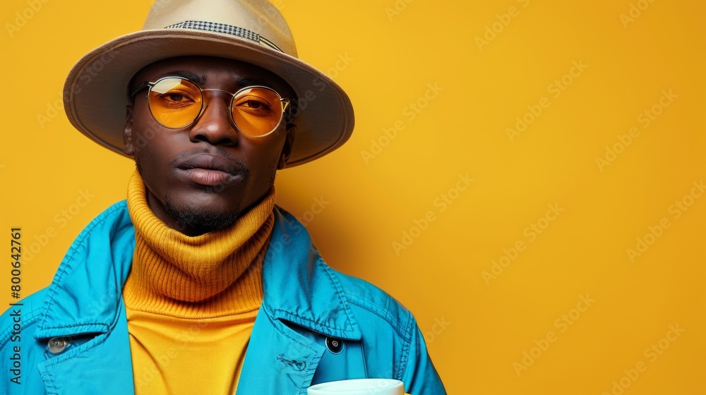 A man in a hat, jacket and sunglasses holding up coffee, AI A man in a hat, jacket and sunglasses holding up coffee, AI