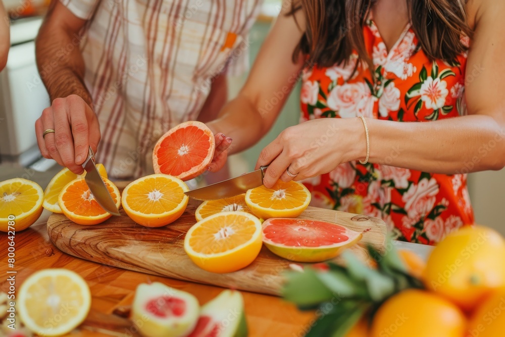 Close-up image capturing the hands of people slicing fresh oranges and lemons on a wooden cutting board Close-up image capturing the hands of people slicing fresh oranges and lemons on a wooden cutting board