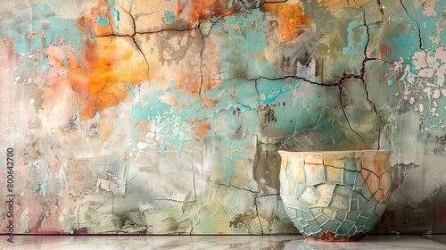 A modern artistic depiction with a weathered wall and a cracked ceramic pot, displaying an array of colors and textures