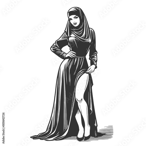 woman in traditional burqa niqab attire, reflecting cultural clothing styles sketch engraving generative ai fictional character vector illustration. Scratch board imitation. Black and white image.