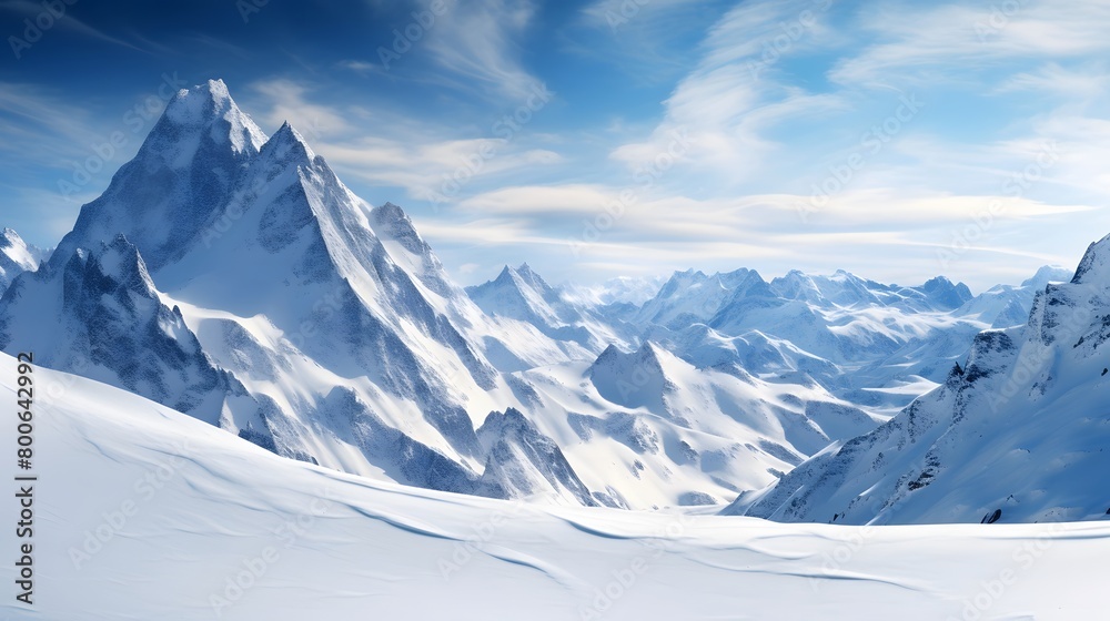 Mountain panorama. Beautiful winter landscape. Snow covered mountains.