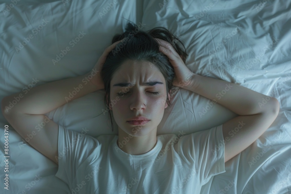 A woman laying in bed with her head on her hands. Ideal for illustrating relaxation and rest concepts A woman laying in bed with her head on her hands. Ideal for illustrating relaxation and rest concepts