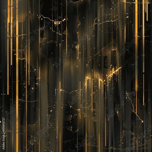 abstract vertical pattern with broken glitched lines of various thickness with dripping gold on a black background 
 photo