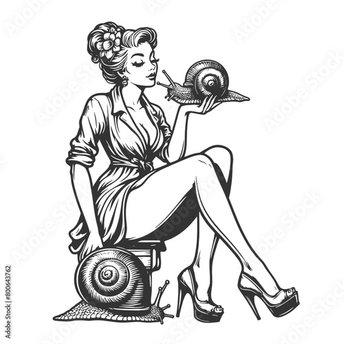elegant vintage lady interacting with large garden snails sketch engraving generative ai fictional character vector illustration. Scratch board imitation. Black and white image.