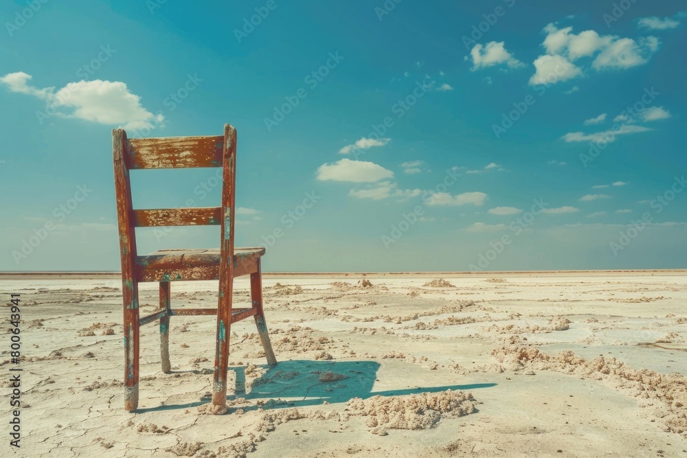 A wooden chair placed on a sandy beach. Suitable for vacation and relaxation concepts A wooden chair placed on a sandy beach. Suitable for vacation and relaxation concepts