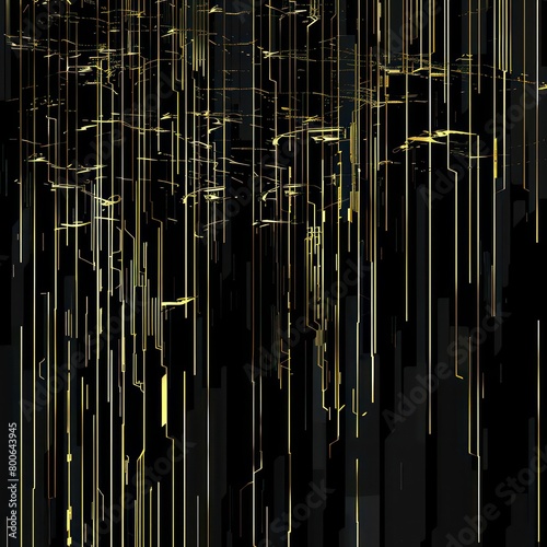 abstract vertical pattern with broken glitched lines of various thickness with dripping gold on a black background 