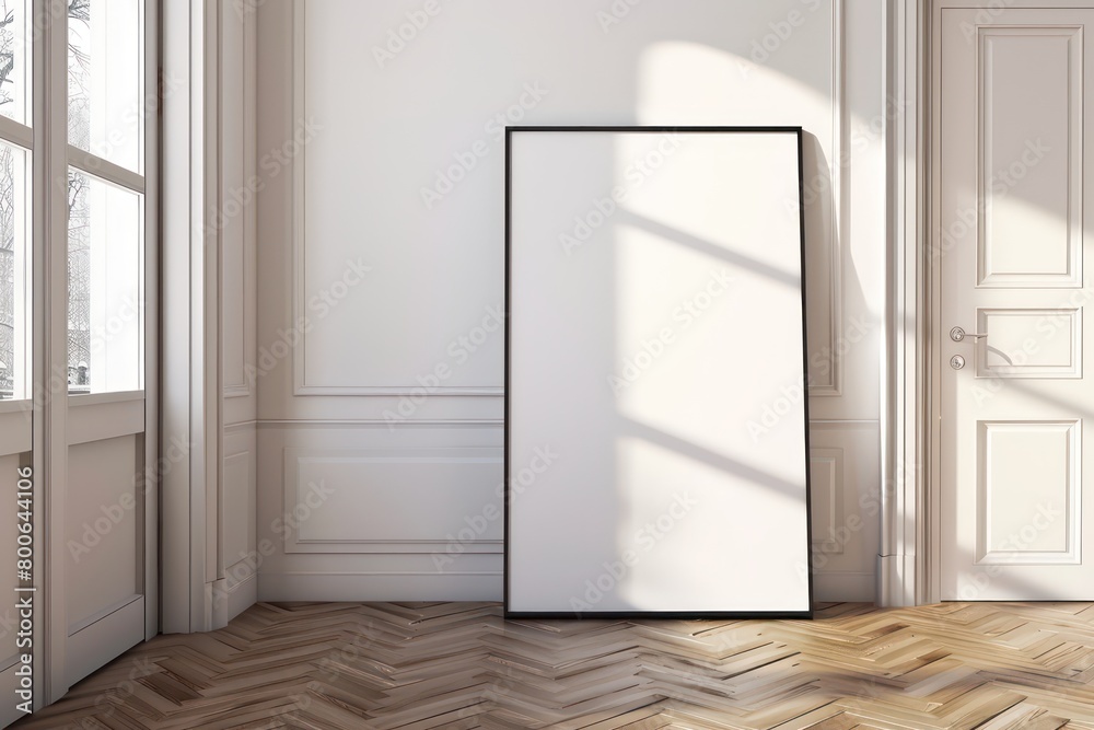 interior house with a large blank poster frame and a black border leaning against a white wall, light and classic design