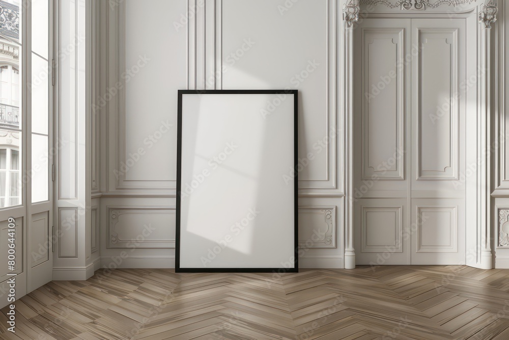 interior house with a large blank poster frame and a black border leaning against a white wall, light and classic design