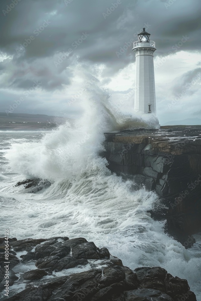 A lighthouse standing strong against crashing waves. Ideal for coastal themes