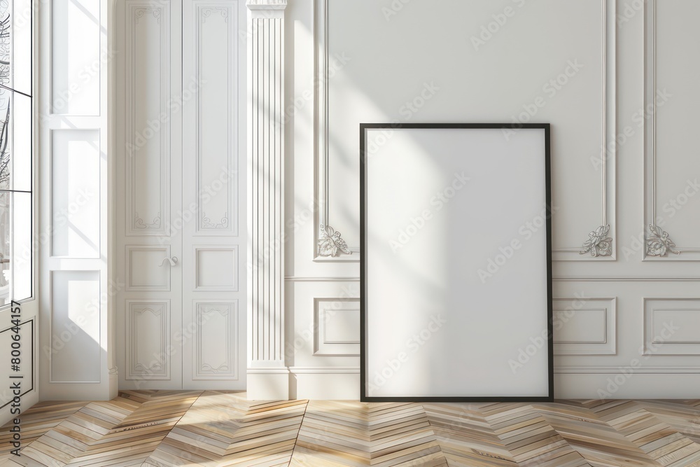 interior house with a large blank poster frame and a black border leaning against a white wall, light and classic design interior house with a large blank poster frame and a black border leaning against a white wall, light and classic design