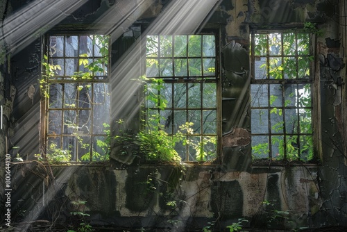 Dramatic rays of light pierce the shattered windows of an abandoned factory, creating a poignant contrast between decay and beauty