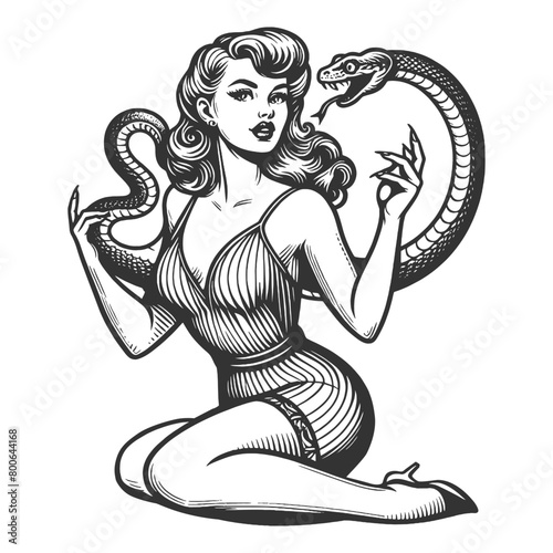 Seductive pin-up girl, with snake, portraying an edgy yet classic style sketch engraving generative ai fictional character vector illustration. Scratch board imitation. Black and white image.