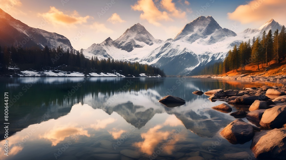 Mountains reflected in the lake at sunset. Panoramic view.