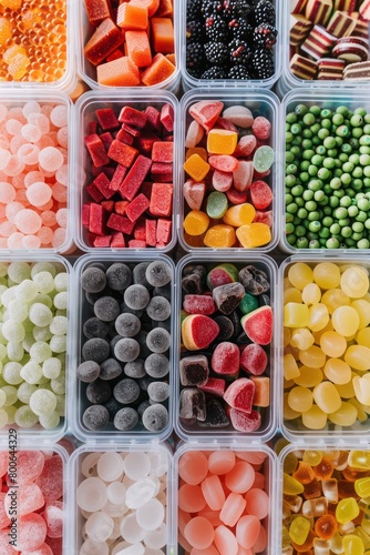 organized assortment of colorful and delighted sweets and gummy candy 
