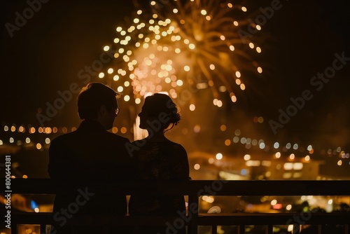 A romantic scene with a silhouette of a couple enjoying a fireworks display, against a dark night skyline