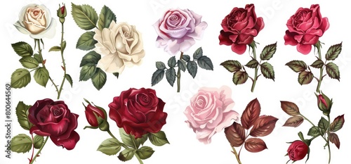 assortment of roses in a watercolor style on a white background  photo