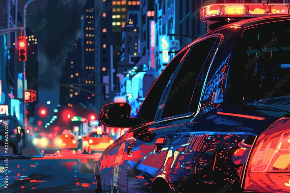 A city street at night with a police car in the foreground. Suitable for law enforcement or urban night scenes