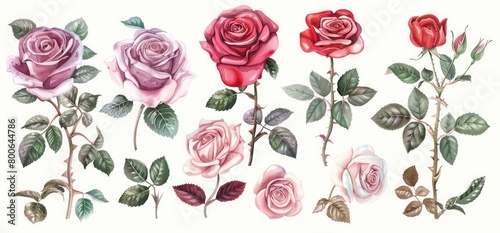 assortment of roses in a watercolor style on a white background  photo