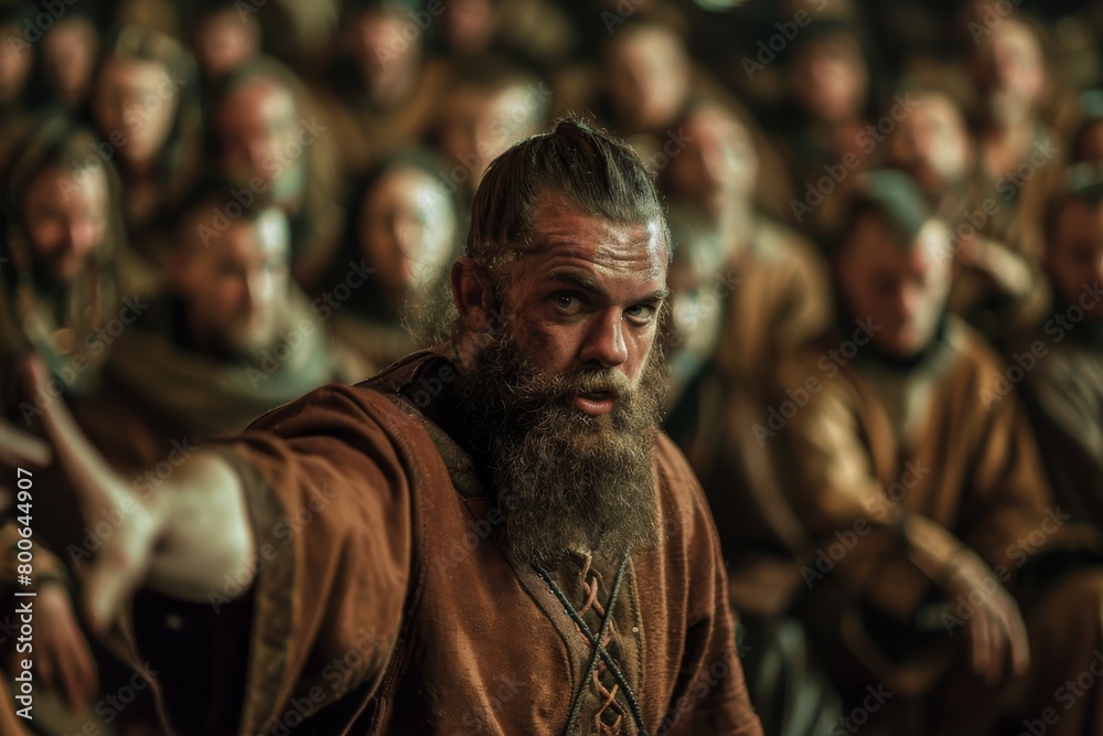 A bearded man in historical costume points intensely, surrounded by similarly clad figures A bearded man in historical costume points intensely, surrounded by similarly clad figures