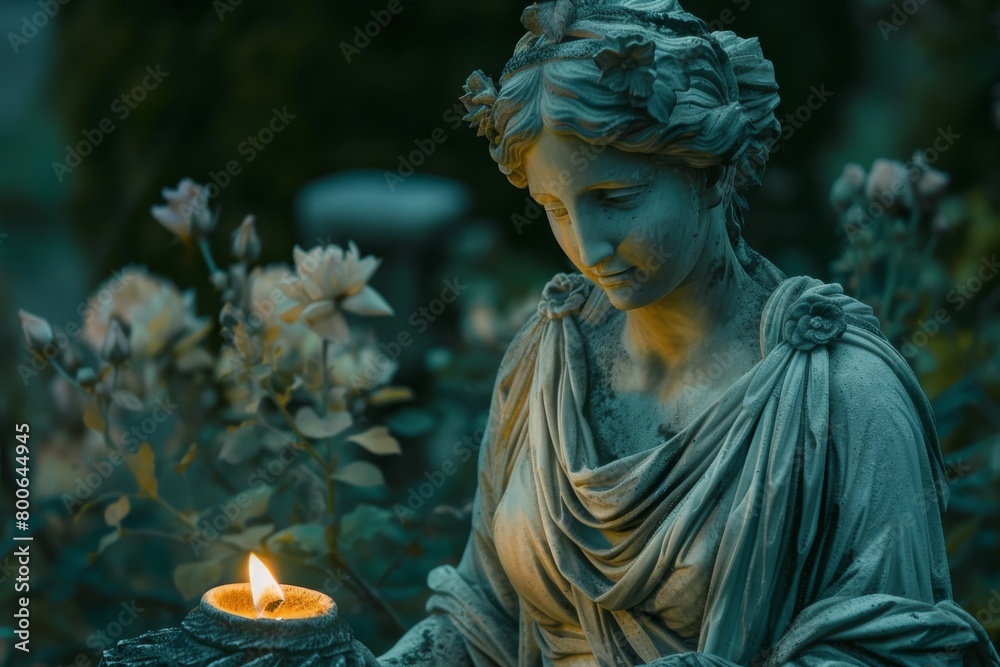 A serene statue stands adorned by nature, the candlelight bringing warmth to the stone figure amidst foliage