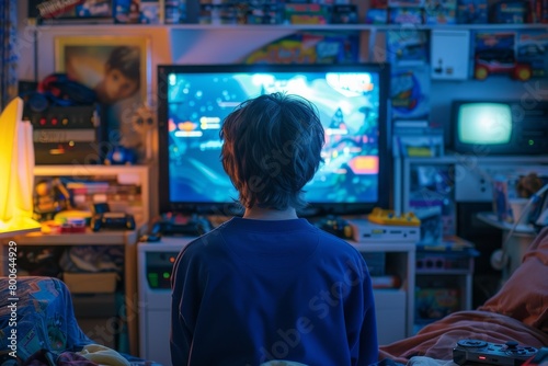 A young child is absorbed in the vibrant virtual world of a video game displayed on a large home screen