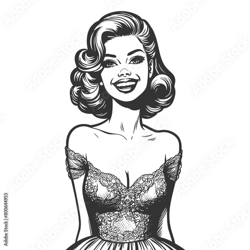 woman laughing heartily, her head thrown back in a moment of pure joy and infectious mirth sketch engraving generative ai fictional character vector illustration. Black and white image.